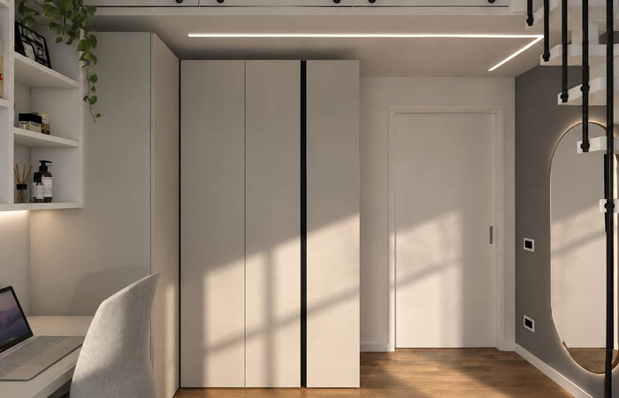 camera da letto con soppalco zona studio armadi a tutta altezza